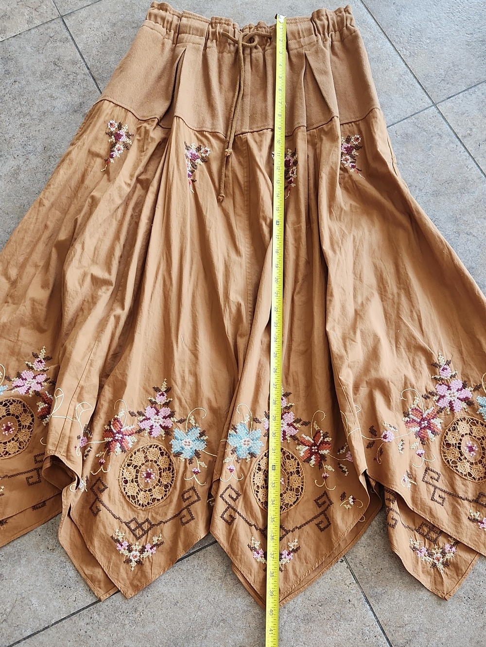 NWT..Free People Brown Asymmetrical Handkerchief Hem Embroidered Skirt - Picture 10 of 15